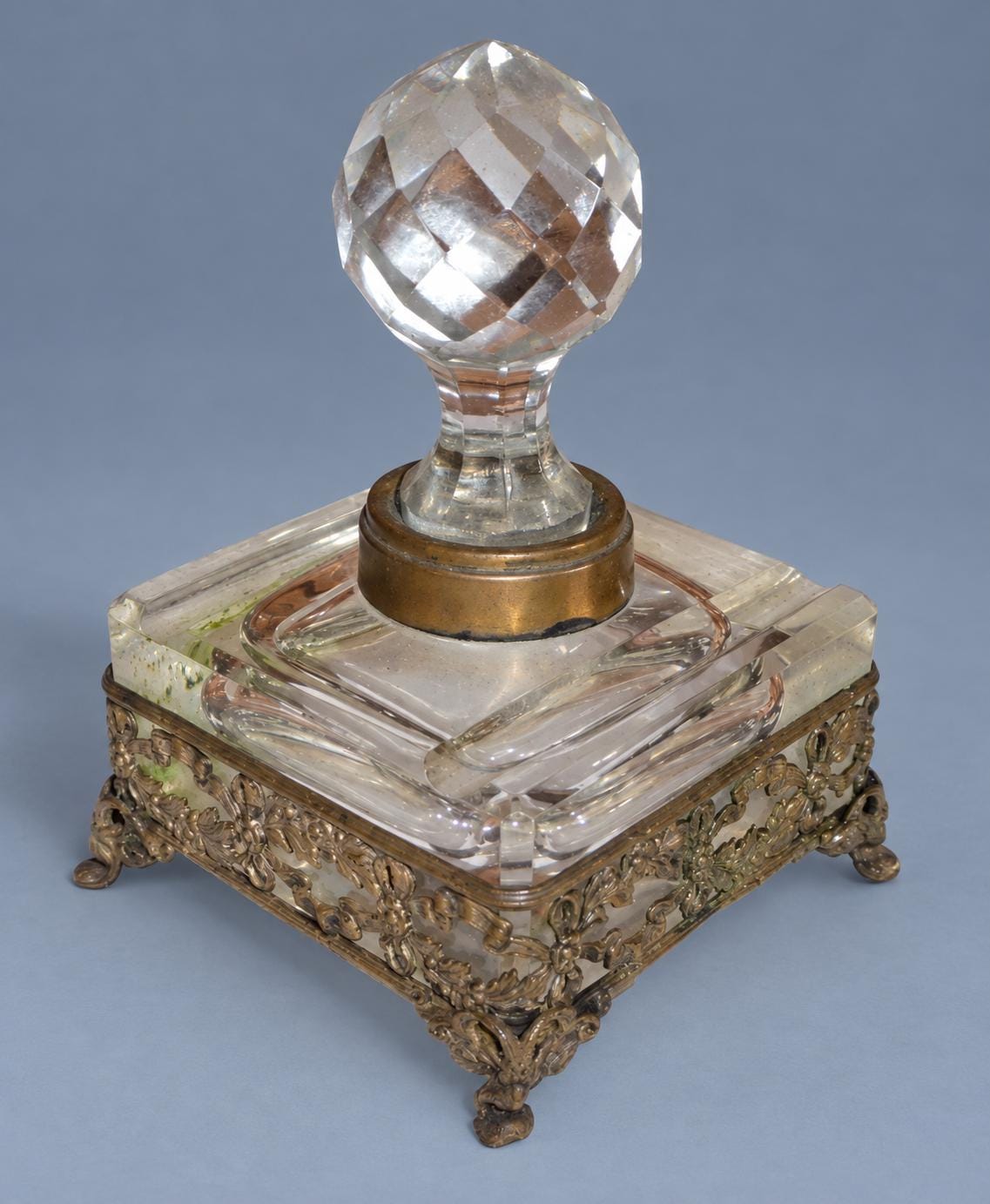 Vintage Large Square Cut Glass Inkwell with Faceted Ball Stopper, Pierced Metal Floral Gallery on Scroll Feet, Attributed 19th Century,12 cm