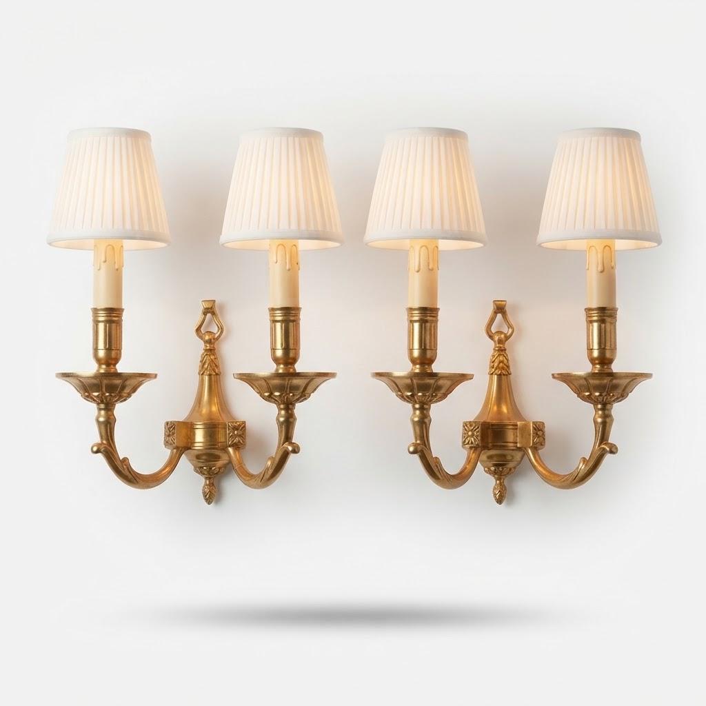 Vintage Pair of Louis XVI Style Gilt Metal Wall Sconces, Ring-Topped Baluster Backplates with Rosettes, Attributed Early 20th Century