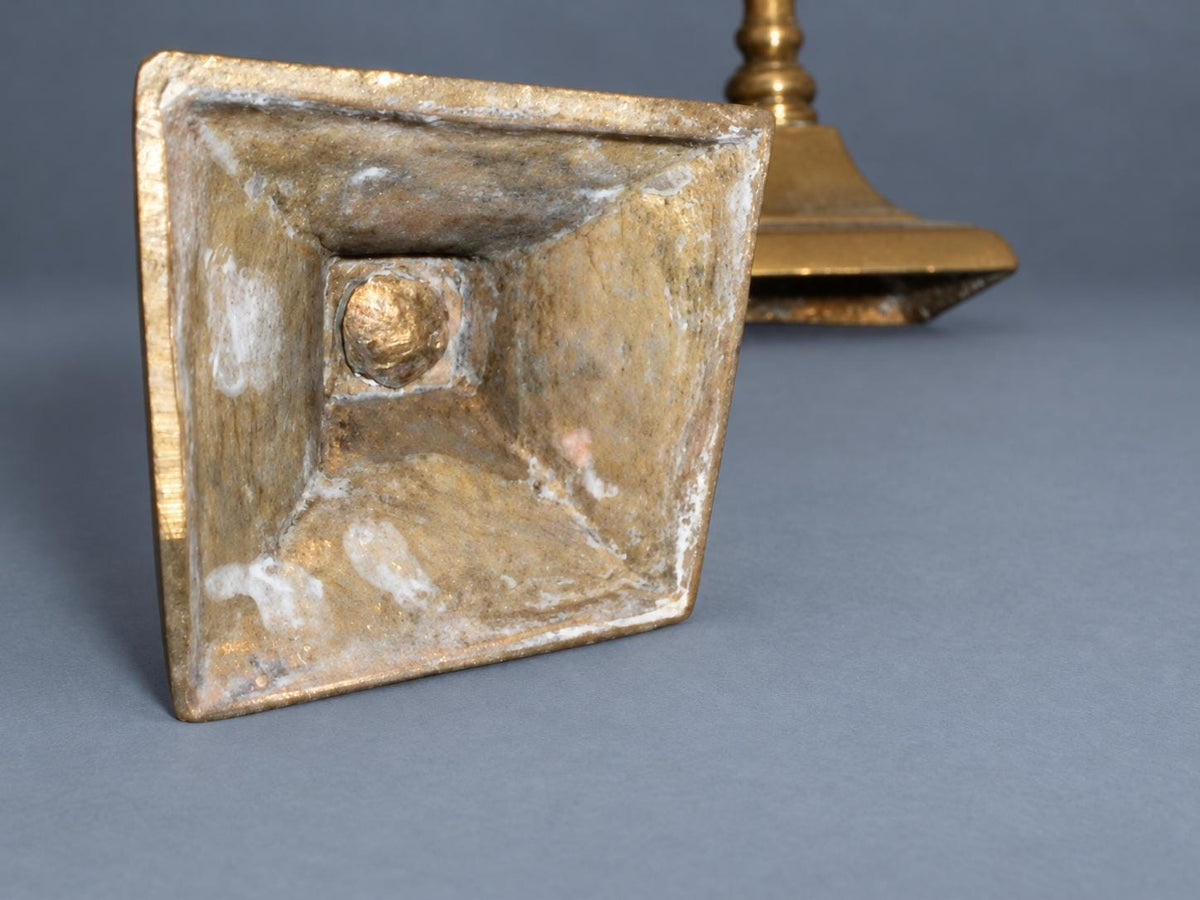 Vintage Pair of Neoclassical Style Candlesticks, Brass-Tone Metal with Tapered Baluster Stems and Stepped Square Bases, 19th Century, 24 cm