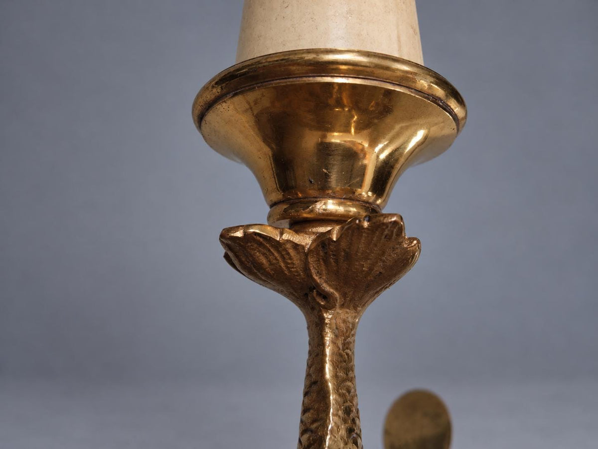 Vintage Dolphin Table Lamp, Gold-Tone Metal Stylized Dolphin on Round Chamberstick Base with Handle, Hollywood Regency Style