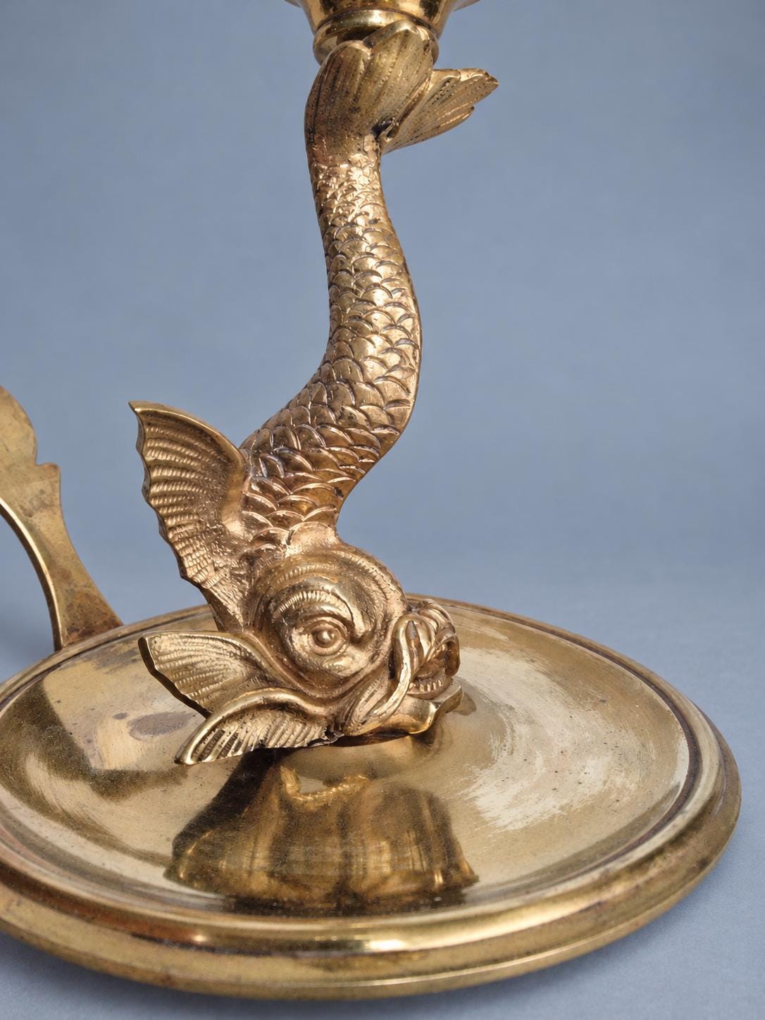 Vintage Dolphin Table Lamp, Gold-Tone Metal Stylized Dolphin on Round Chamberstick Base with Handle, Hollywood Regency Style
