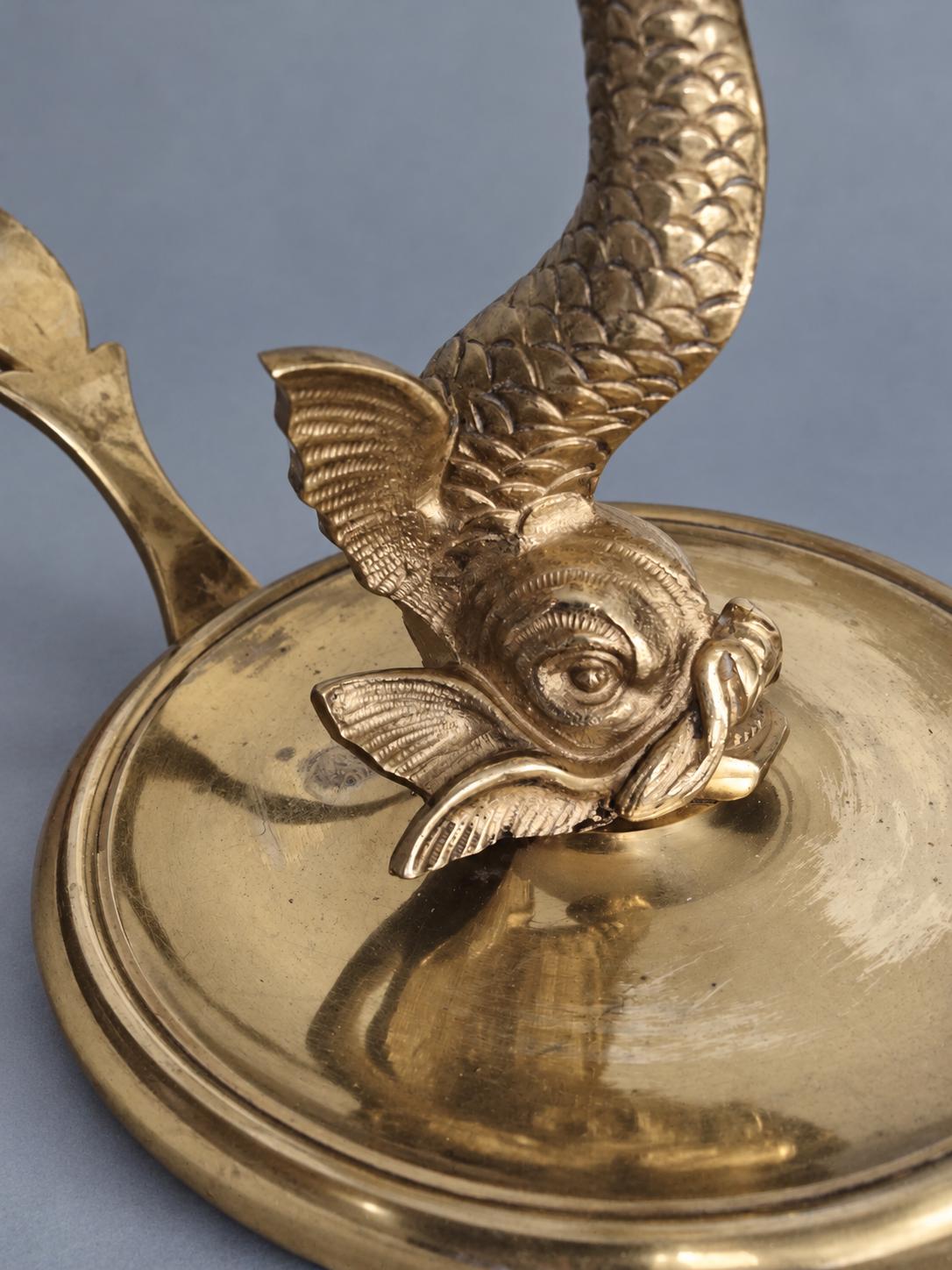Vintage Dolphin Table Lamp, Gold-Tone Metal Stylized Dolphin on Round Chamberstick Base with Handle, Hollywood Regency Style