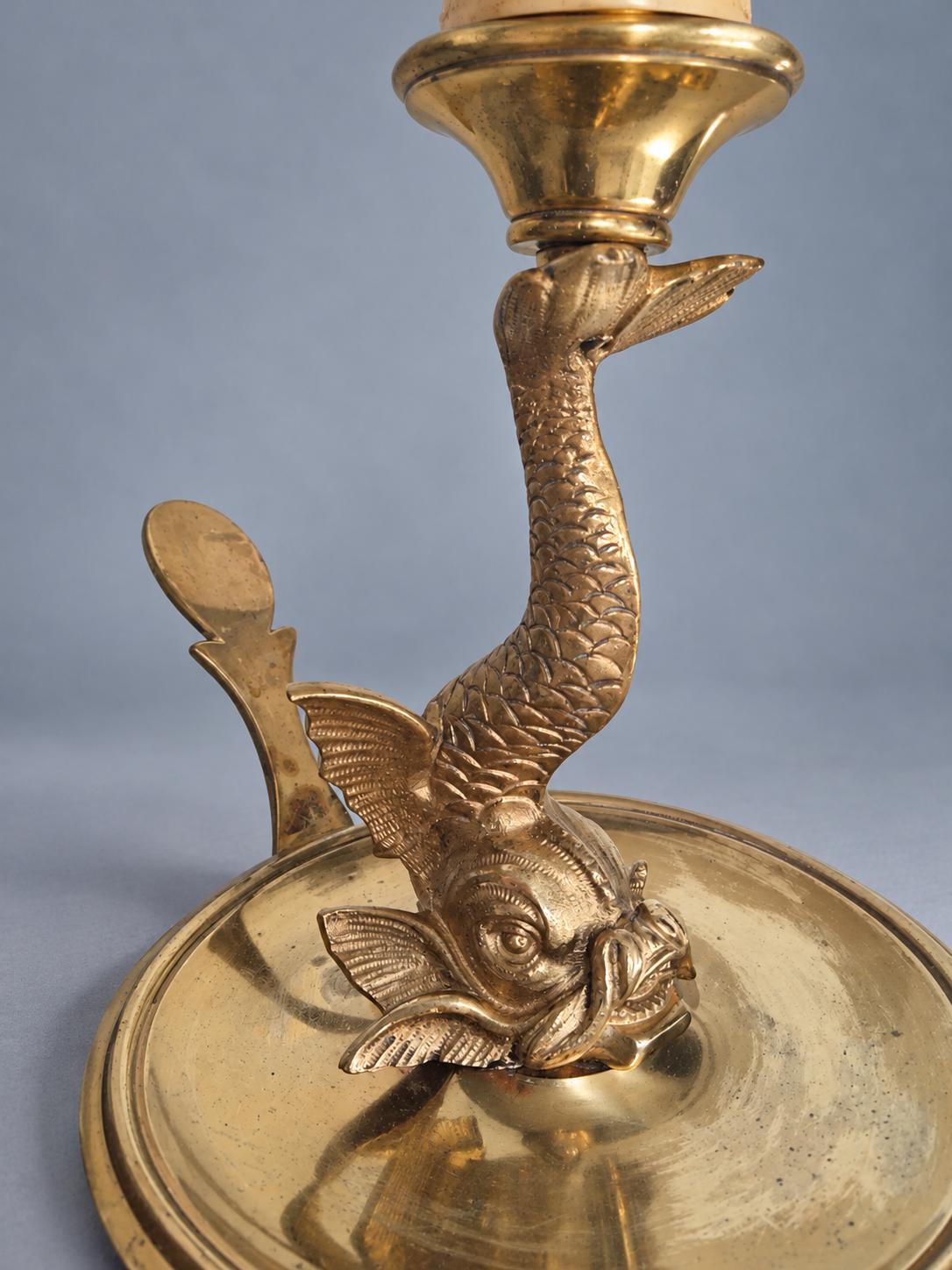 Vintage Dolphin Table Lamp, Gold-Tone Metal Stylized Dolphin on Round Chamberstick Base with Handle, Hollywood Regency Style