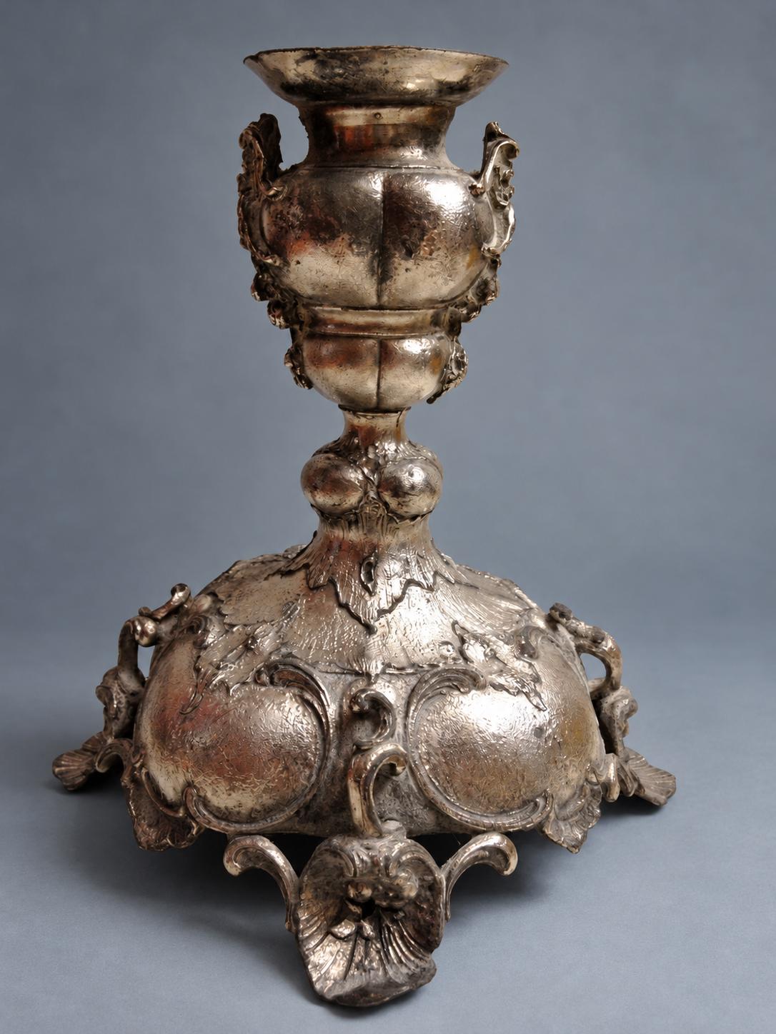 Vintage Rococo Revival Style Candlestick with Bacchic Masks and Fruit Festoons, Silver-Tone Metal on Domed Rocaille Base, 21 cm