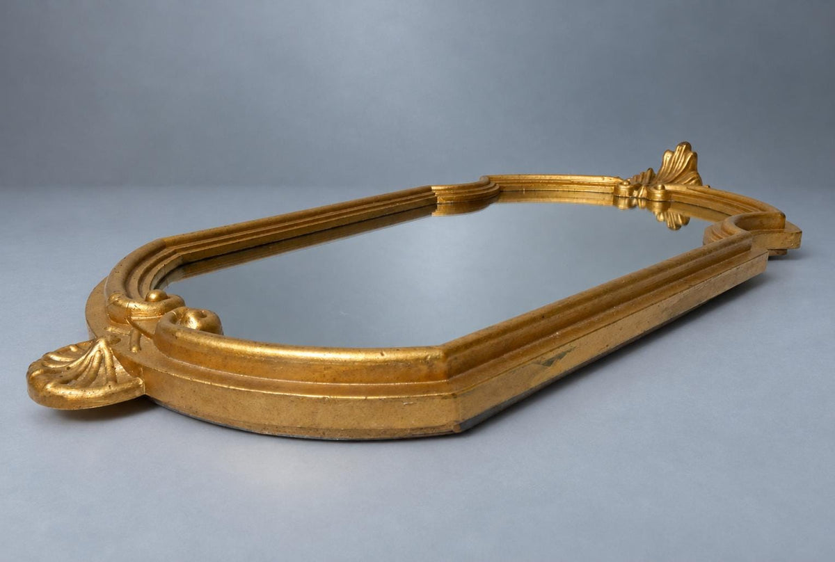 Vintage Louis XV Style Wall Mirror, Gold-Tone Resin Frame with Palmette Crest and Scrolled Shell Base, Attributed 1970s–80s, 42 cm