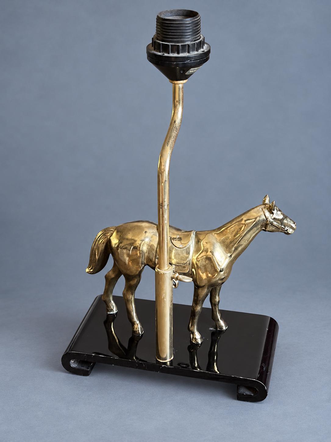 Vintage Horse Table Lamp Base, Attributed 1970s, Gold-Tone Saddled Horse on Black Lacquered Scroll-End Wooden Stand, Adjustable Height