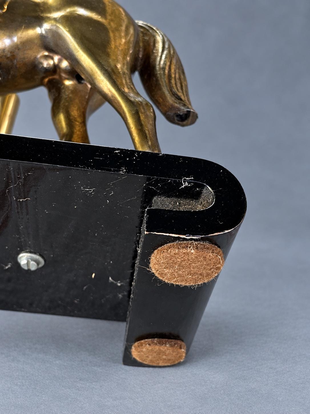 Vintage Horse Table Lamp Base, Attributed 1970s, Gold-Tone Saddled Horse on Black Lacquered Scroll-End Wooden Stand, Adjustable Height