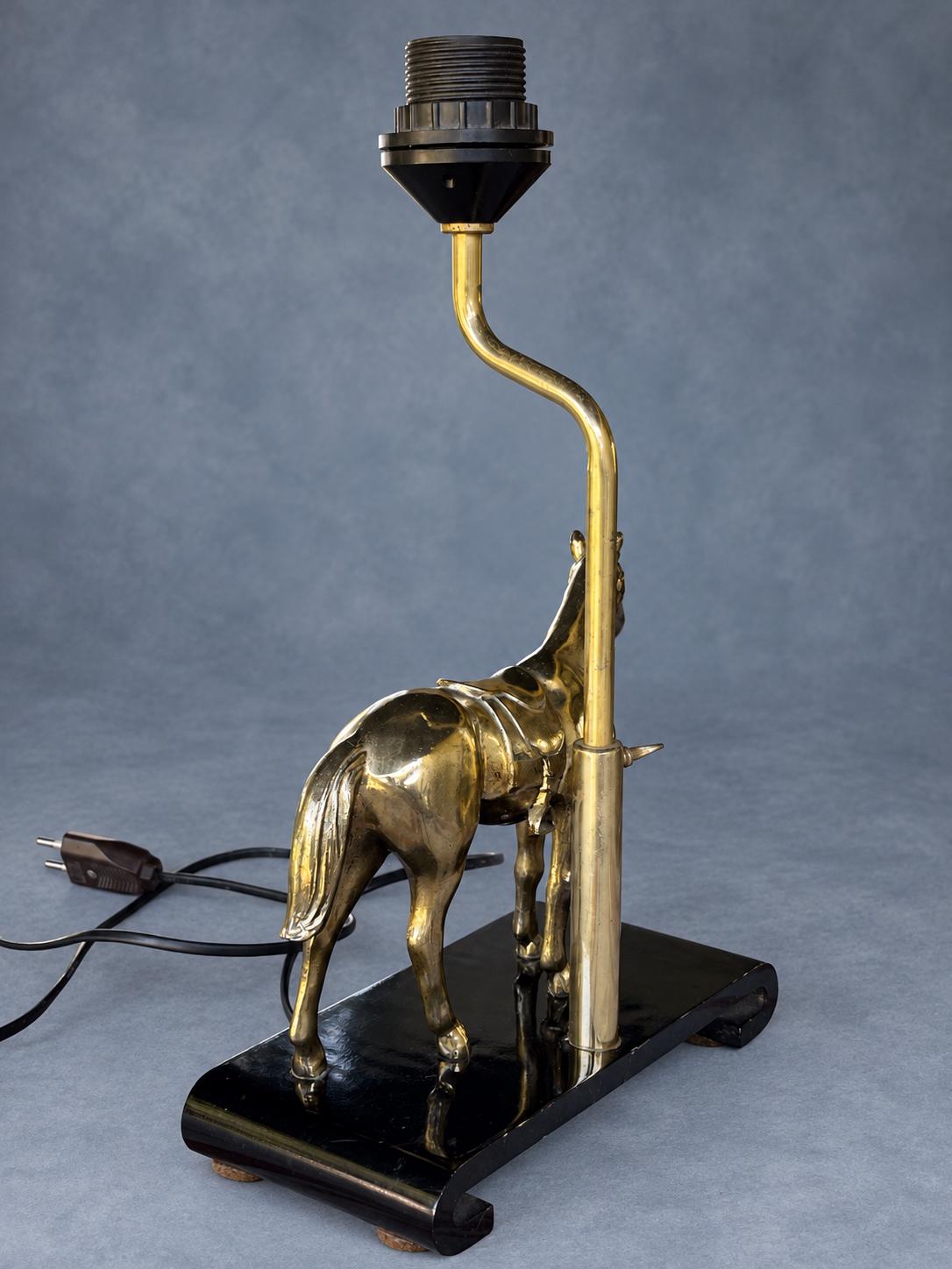 Vintage Horse Table Lamp Base, Attributed 1970s, Gold-Tone Saddled Horse on Black Lacquered Scroll-End Wooden Stand, Adjustable Height