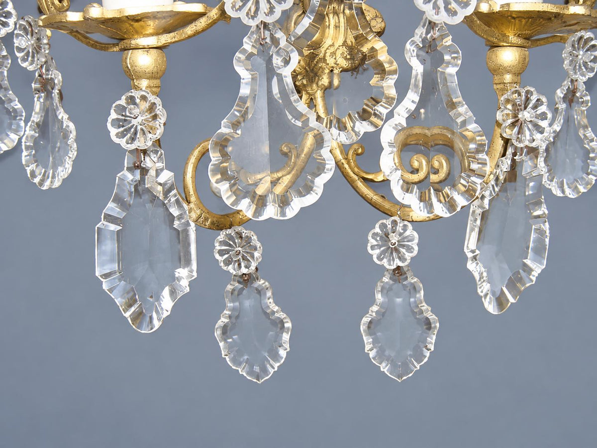 Vintage Pair of Gilt Metal Wall Sconces with Faceted Glass Drops, Two Lights Each, Scrolled Arms and Arched Hoops, Early 20th Century, 33 cm