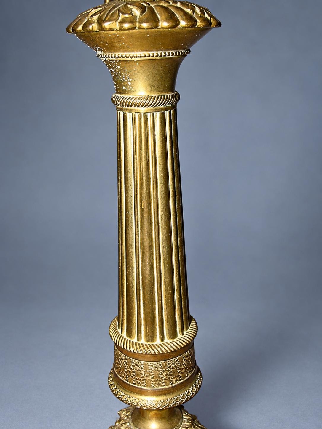 Vintage Restauration Style Candlestick Table Lamp, Gold-Tone Metal Fluted Column on Lion-Paw Tripod Base, 19th Century, Sold Without Shade
