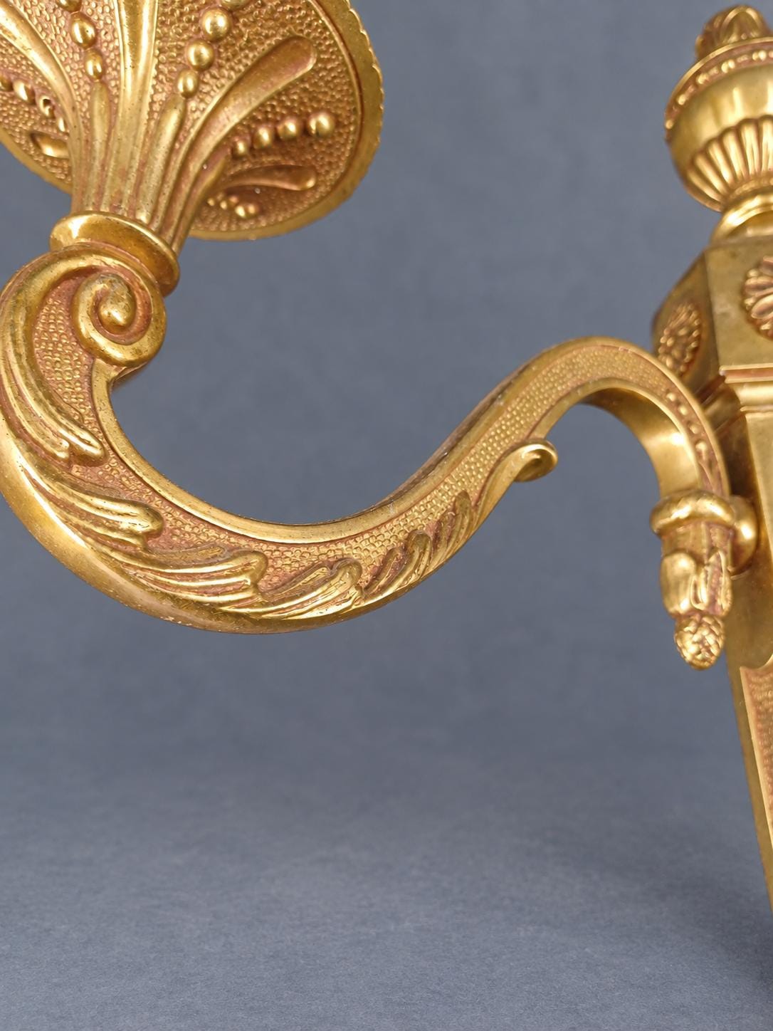 Vintage Pair of Large Louis XVI Style Gilt Metal Wall Sconces, Tapering Backplates with Urn Finials and Rosettes, Two Lights Each, 36 cm