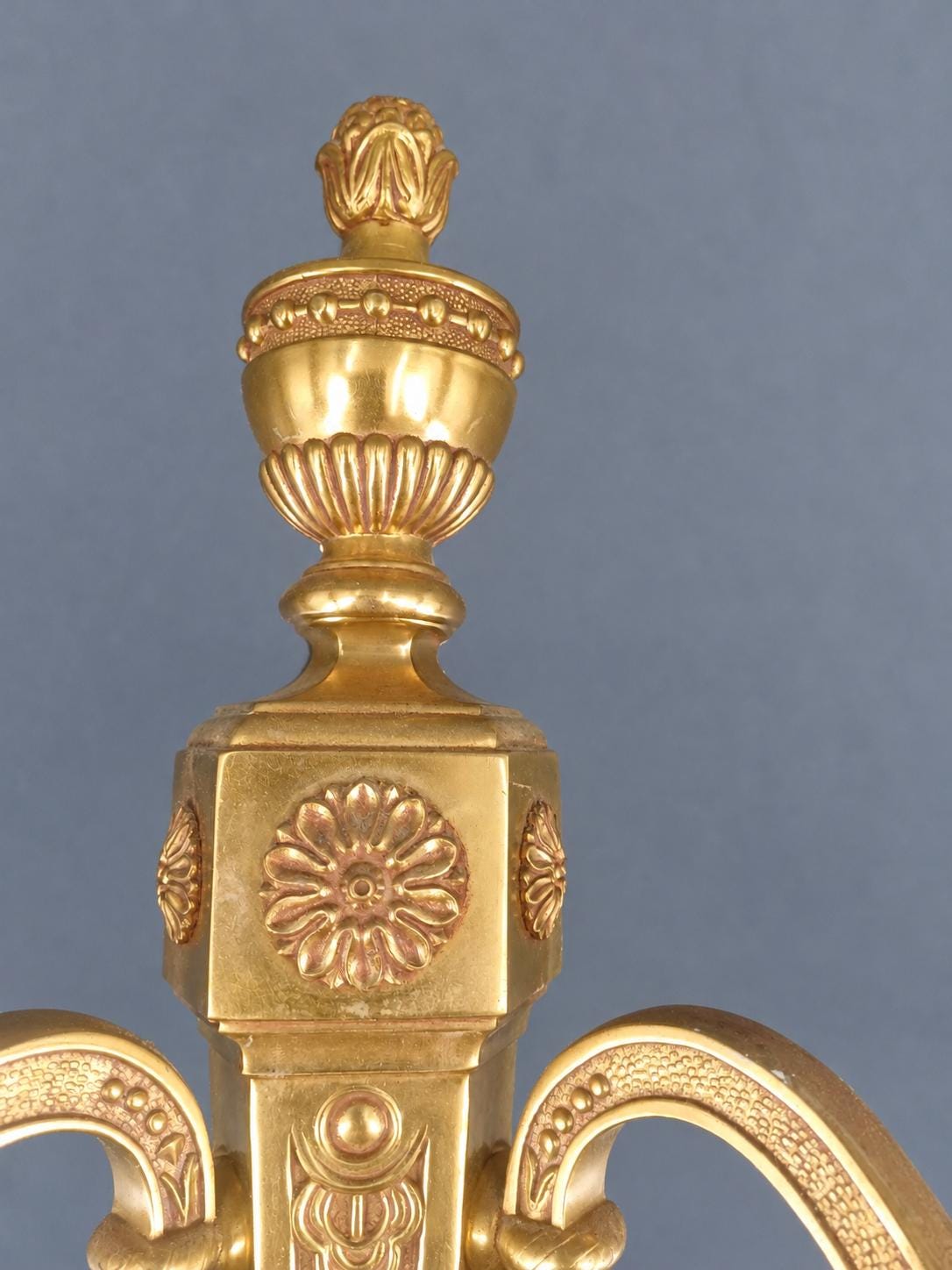 Vintage Pair of Large Louis XVI Style Gilt Metal Wall Sconces, Tapering Backplates with Urn Finials and Rosettes, Two Lights Each, 36 cm