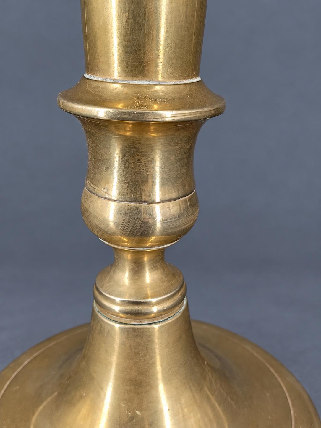 Vintage Pair of Brass Candlesticks, Restauration Style Baluster Stems on Domed Round Bases, Attributed 19th Century, 28 cm