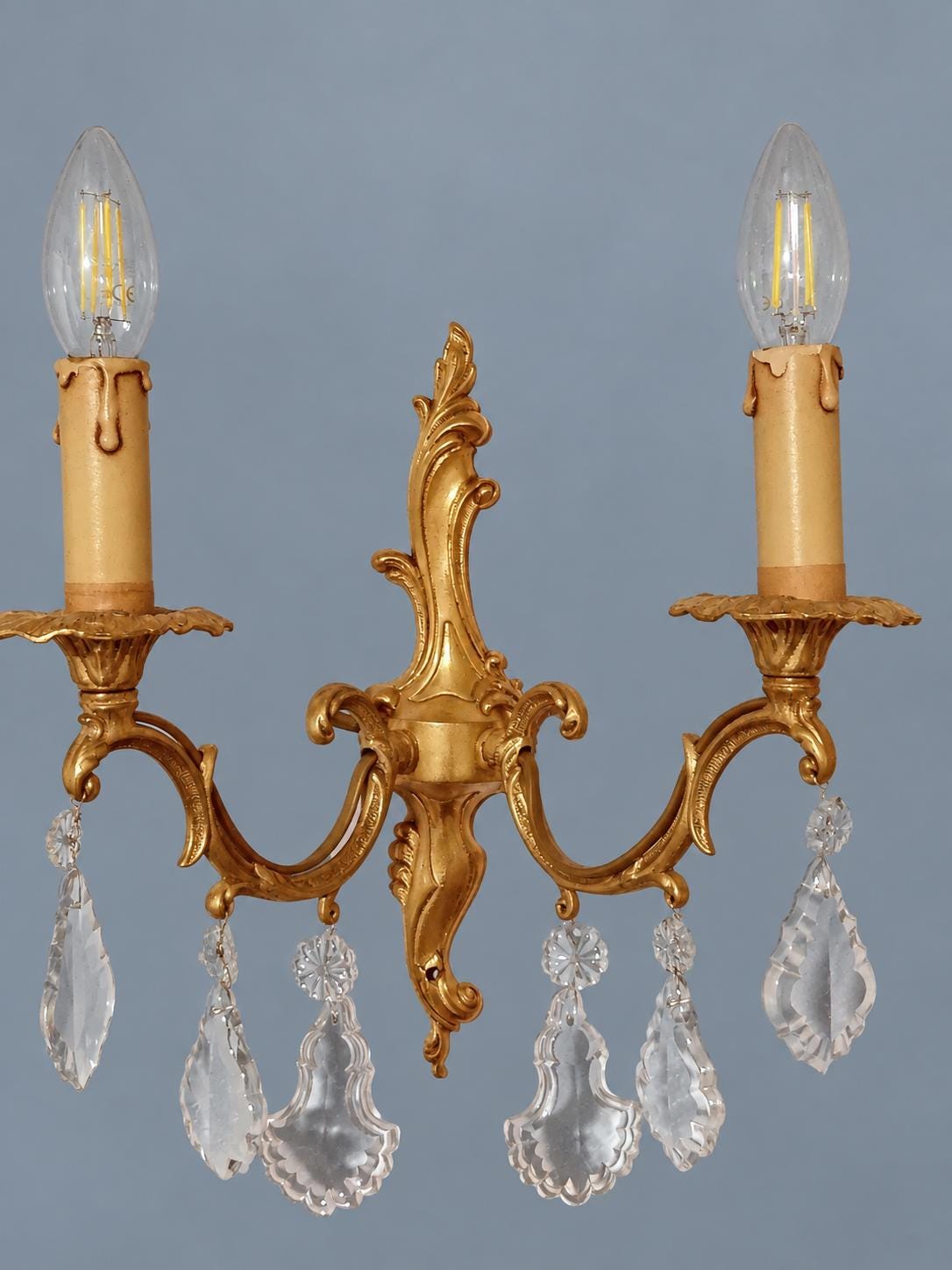 Vintage Pair of Louis XV Style Gilt Metal Wall Sconces with Faceted Glass Drops, Two Scrolled Arms Each, 36 cm