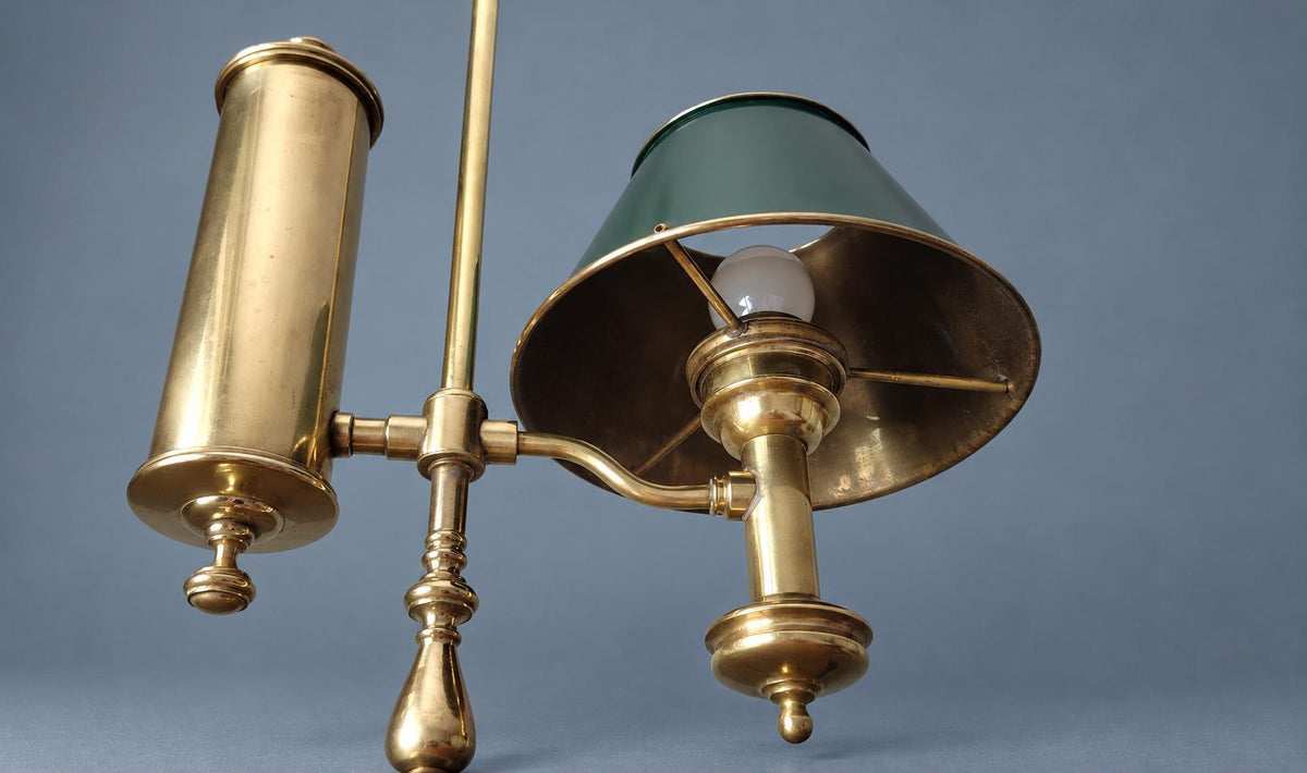 Vintage Brass Student Lamp, Victorian Style Desk Lamp with Faux Oil Reservoir and Green Painted Metal Shade, 57 cm