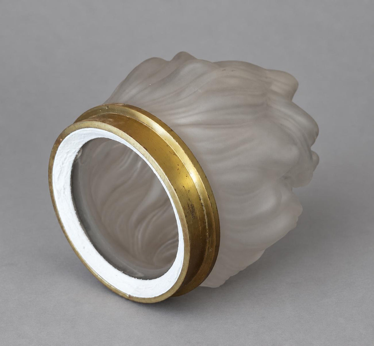 Vintage Large Empire Style Torch Wall Sconce, Gold-Tone Metal Scrolled Arm with Frosted Glass Flame Shade, Attributed 19th Century, 58 cm