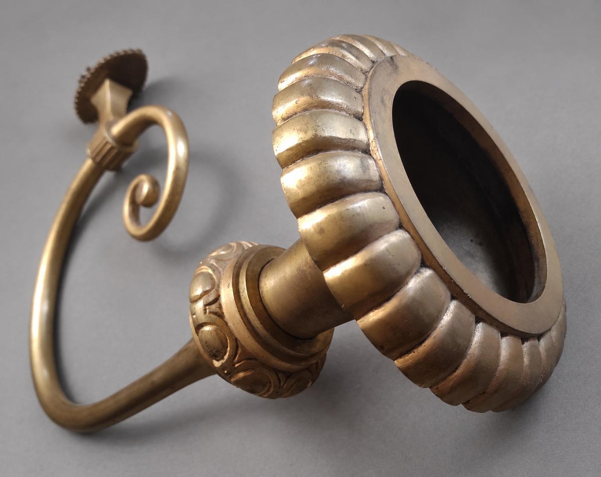 Vintage Large Empire Style Torch Wall Sconce, Gold-Tone Metal Scrolled Arm with Frosted Glass Flame Shade, Attributed 19th Century, 58 cm