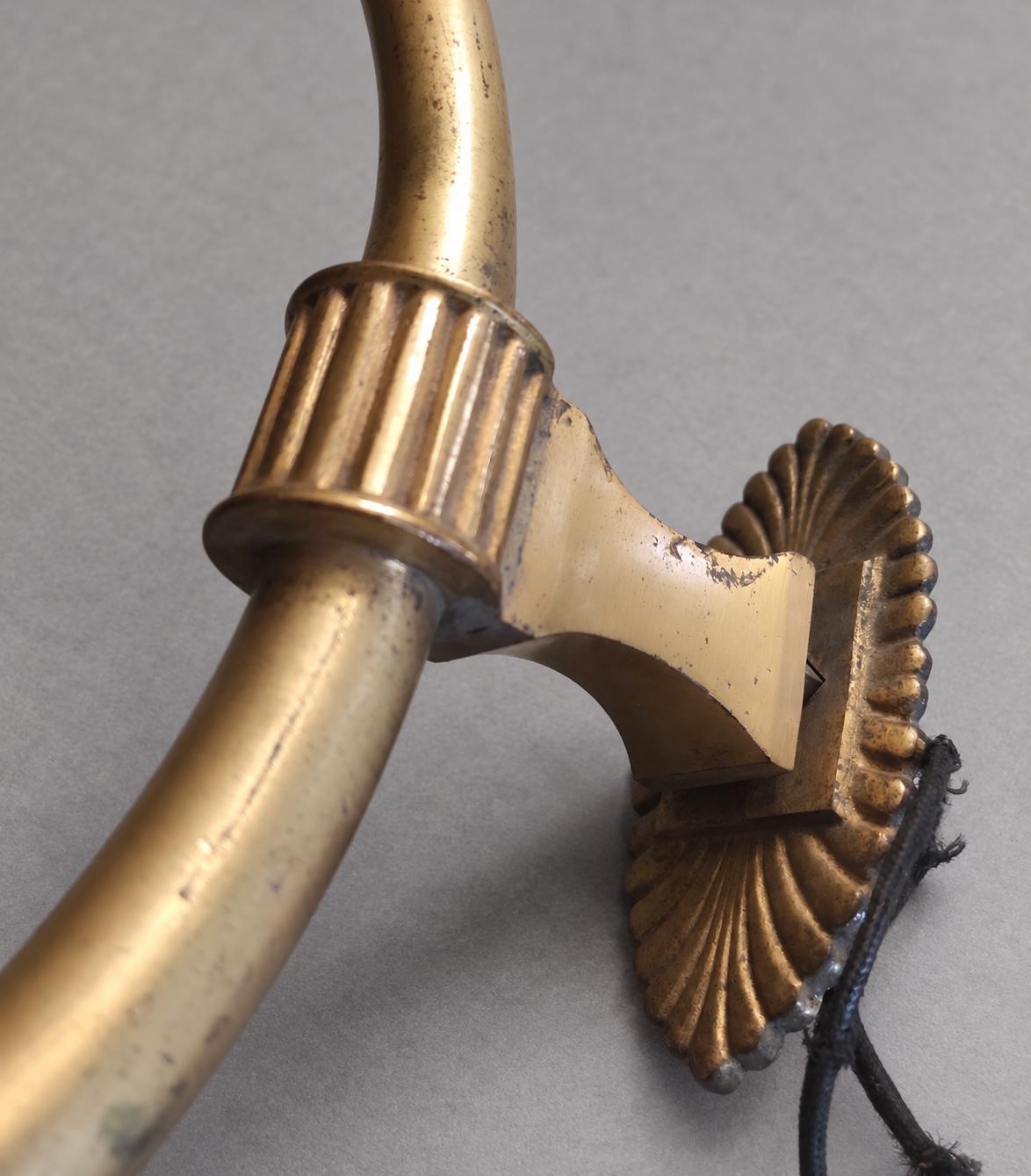 Vintage Large Empire Style Torch Wall Sconce, Gold-Tone Metal Scrolled Arm with Frosted Glass Flame Shade, Attributed 19th Century, 58 cm