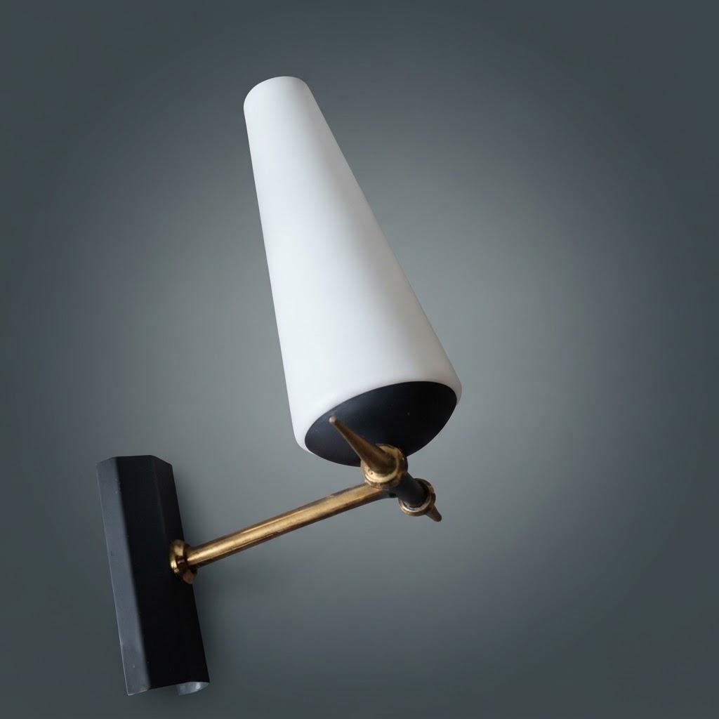 Pair of Mid-Century Style Wall Sconces, Frosted White Glass Cone Shades, Brass-Tone Arms and Black Wall Plates