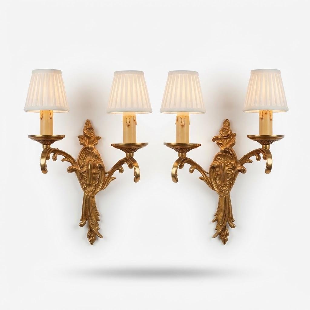 Pair of Vintage Gilt Bronze Two-Arm Wall Sconces, Oval Foliate Cartouche Backplates, Scrolled Arms and Yellow Candle Sleeves