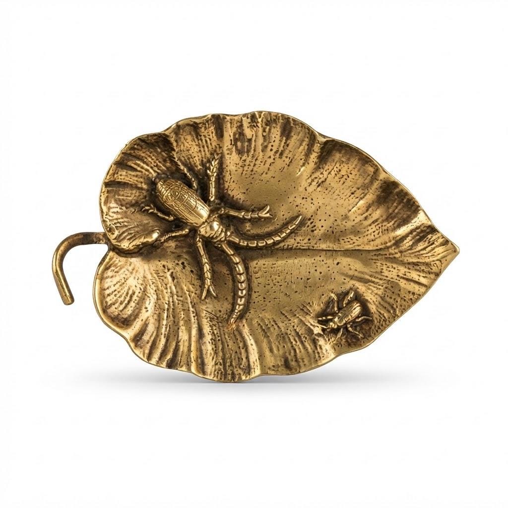 Vintage Art Nouveau Leaf Vide-Poche with Insects in Relief, Attributed 1909, Gilt Metal Dish with Curled Stem, 13 cm