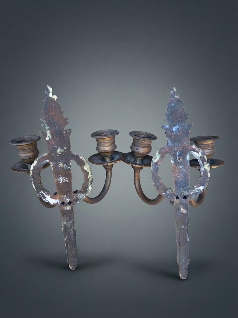 Pair of Louis XVI Style Two-Arm Wall Sconces, Bronze-Tone Patinated Metal with Laurel Wreath and Flame Finial