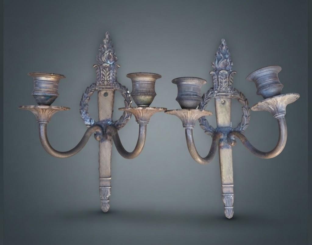 Pair of Louis XVI Style Two-Arm Wall Sconces, Bronze-Tone Patinated Metal with Laurel Wreath and Flame Finial