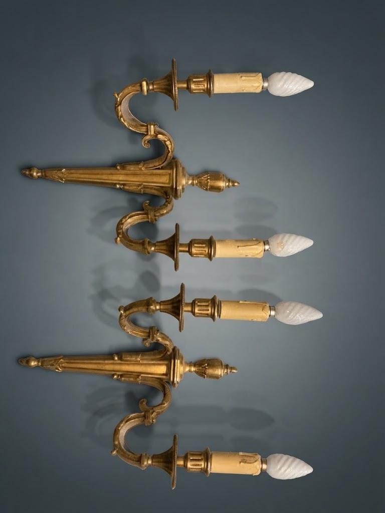 Pair of Louis XVI Style Two-Arm Wall Sconces, Gilt Metal with Scrolled Arms, Beaded Drip Pans and Urn Finials