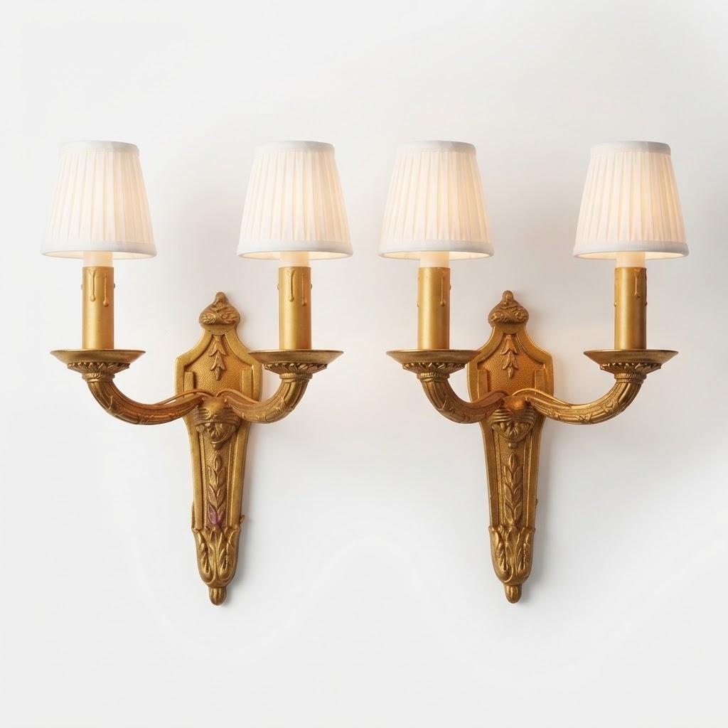 Pair of Louis XVI Style Two-Arm Wall Sconces, Gilt Metal with Acanthus Arms and Shield-Shaped Back Plates