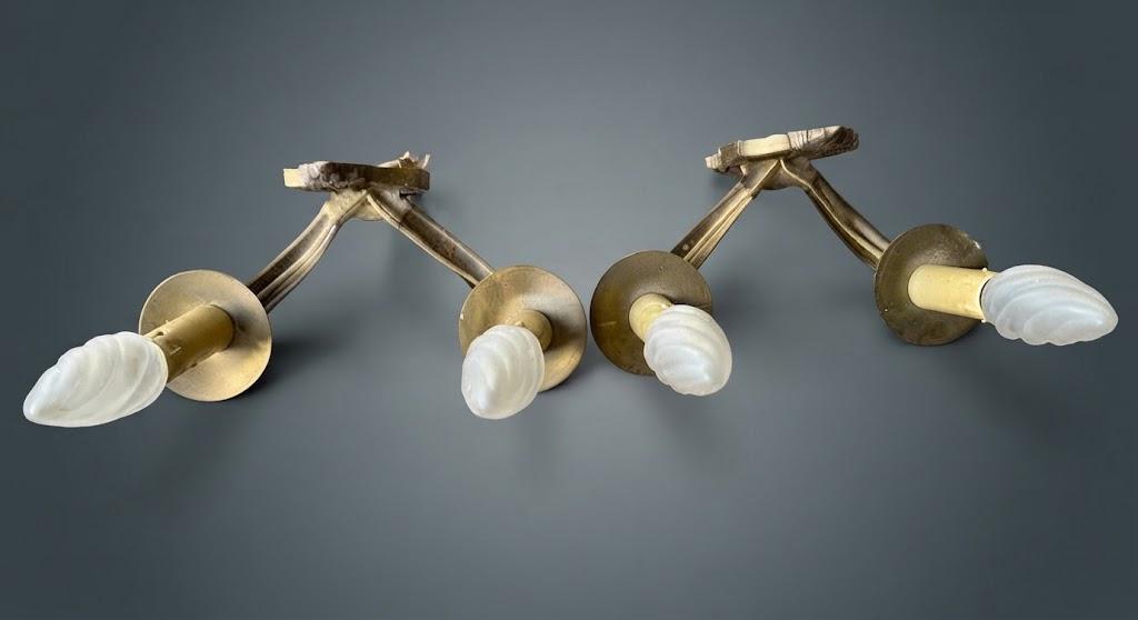 Pair of Louis XVI Style Two-Arm Wall Sconces, Gilt Metal with Acanthus Arms and Shield-Shaped Back Plates