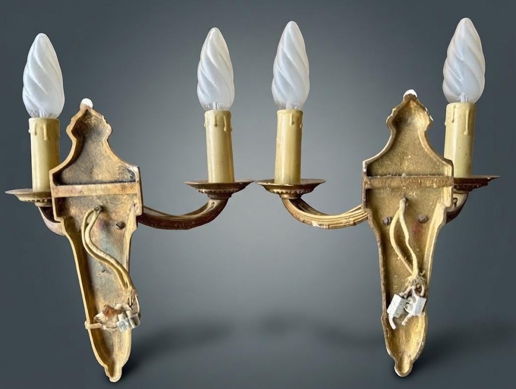 Pair of Louis XVI Style Two-Arm Wall Sconces, Gilt Metal with Acanthus Arms and Shield-Shaped Back Plates