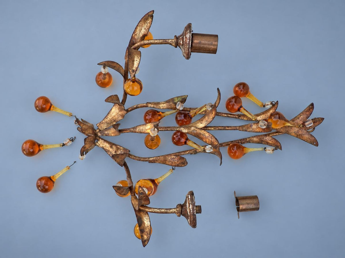 Vintage Pair of Florentine Style Gilt Tôle Candle Sconces with Amber Glass Drops, Leaf Sprays and Two Arms Each, 45 cm