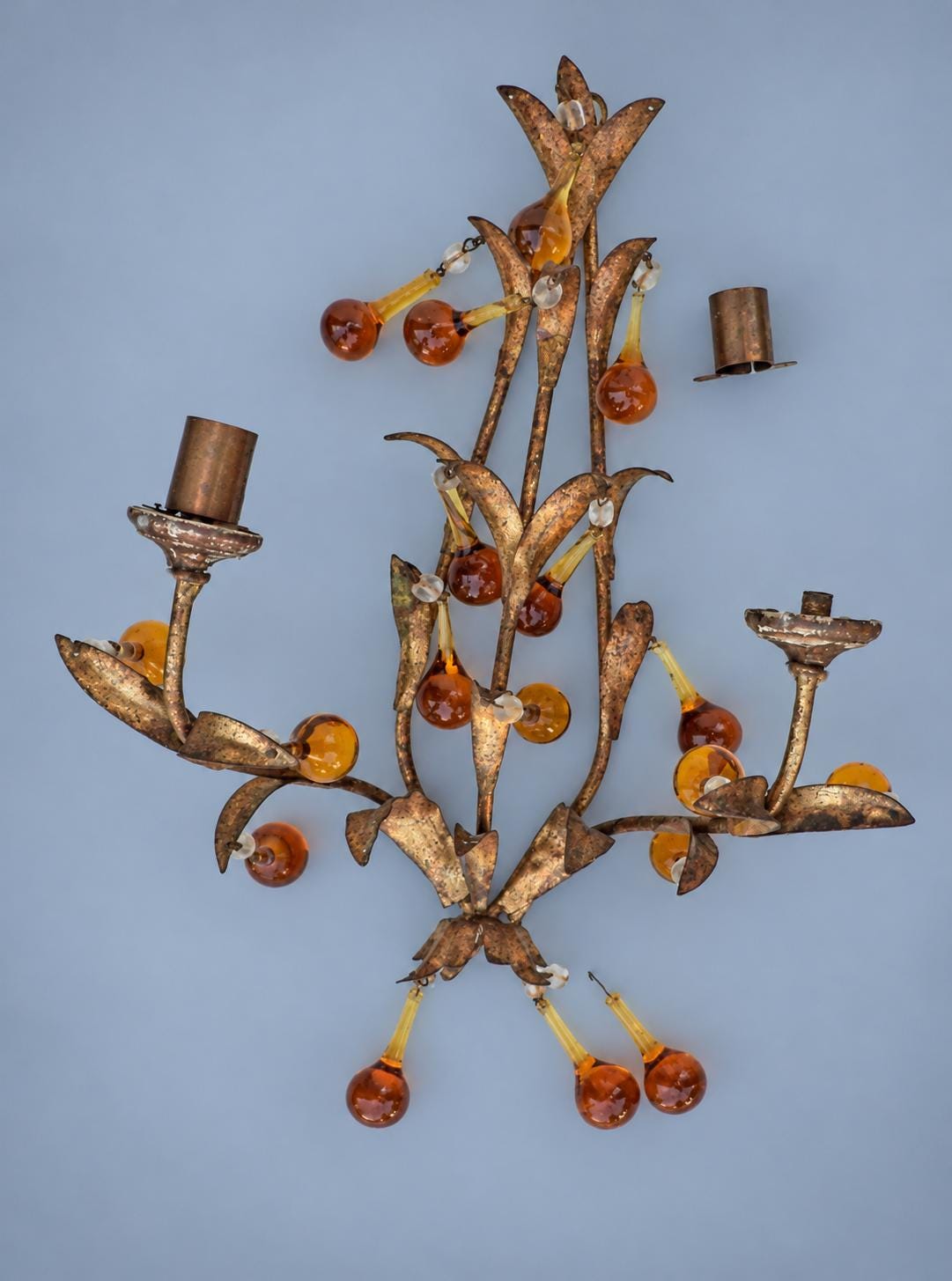 Vintage Pair of Florentine Style Gilt Tôle Candle Sconces with Amber Glass Drops, Leaf Sprays and Two Arms Each, 45 cm