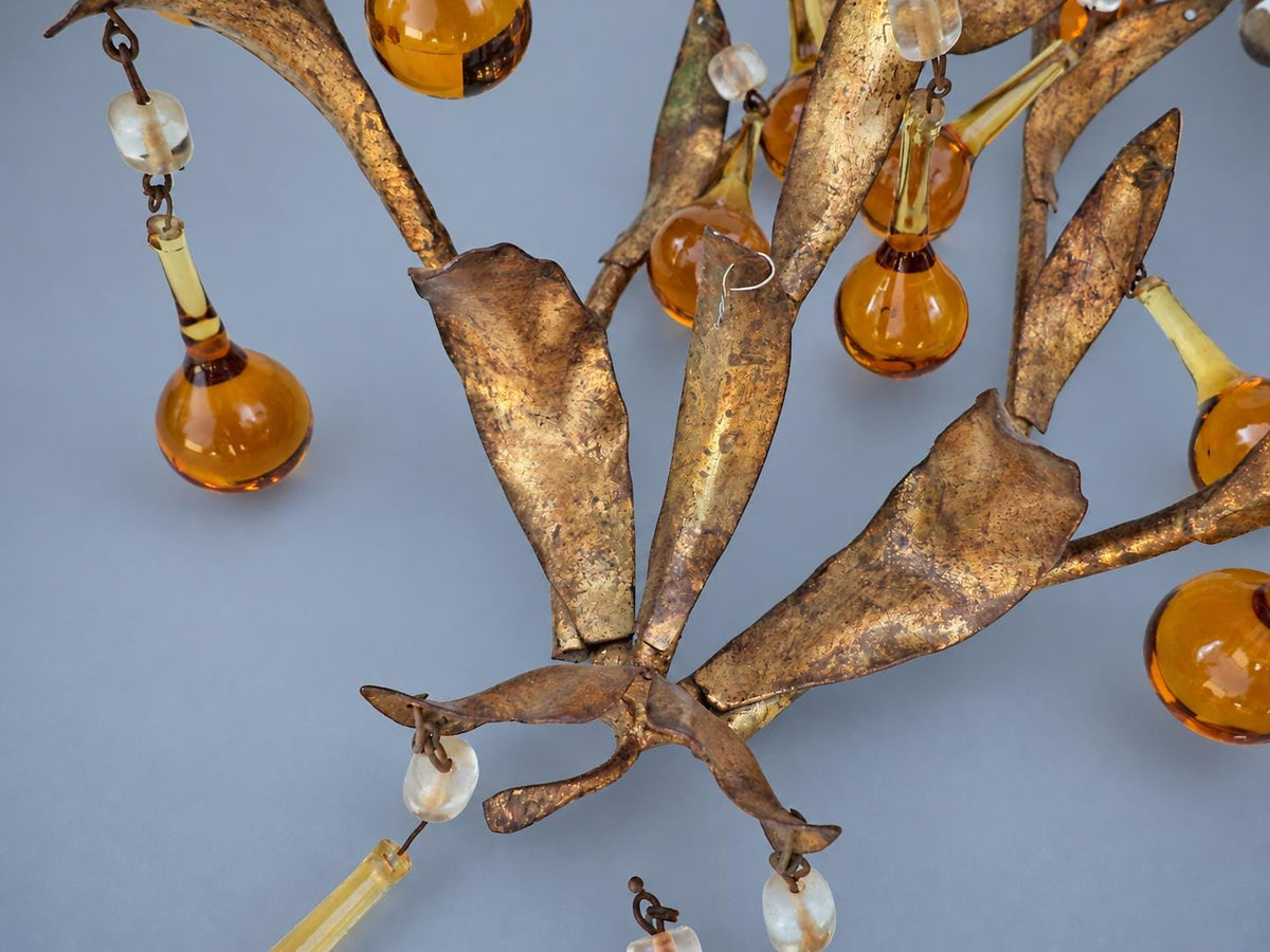 Vintage Pair of Florentine Style Gilt Tôle Candle Sconces with Amber Glass Drops, Leaf Sprays and Two Arms Each, 45 cm
