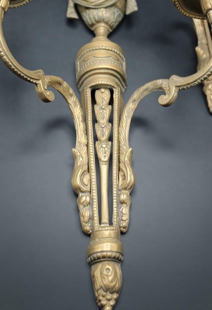 Vintage Pair of Louis XVI Style Two-Arm Wall Sconces, Gold-Tone Metal with Draped Urns, Pierced Fluted Shafts and Acanthus Arms