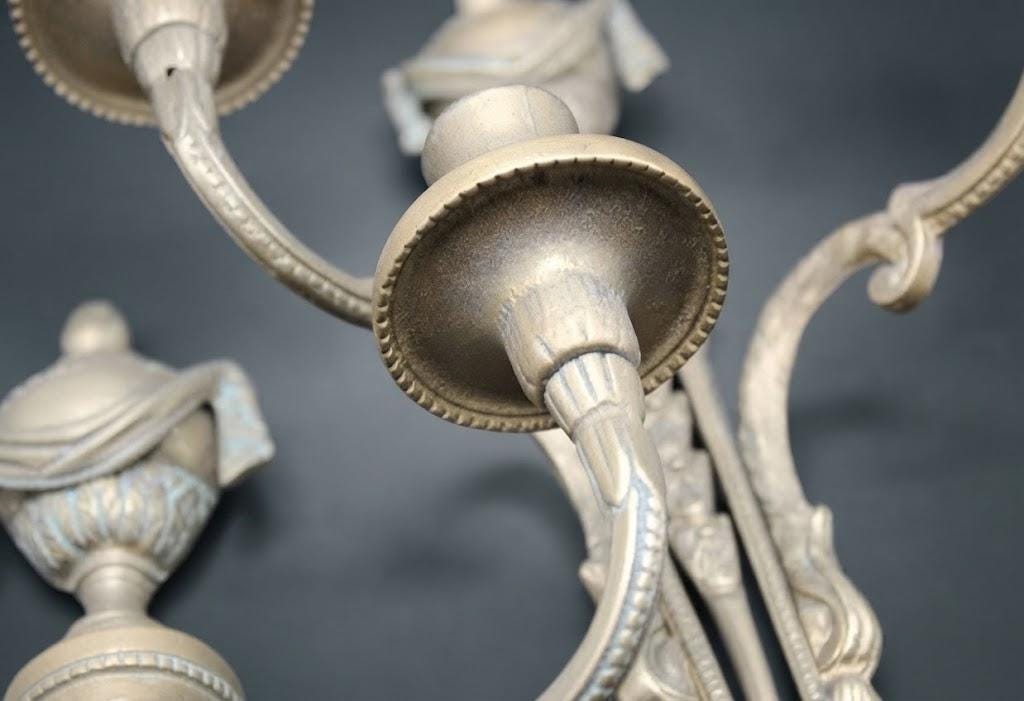 Vintage Pair of Louis XVI Style Two-Arm Wall Sconces, Gold-Tone Metal with Draped Urns, Pierced Fluted Shafts and Acanthus Arms