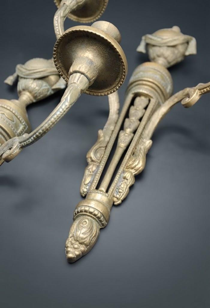 Vintage Pair of Louis XVI Style Two-Arm Wall Sconces, Gold-Tone Metal with Draped Urns, Pierced Fluted Shafts and Acanthus Arms