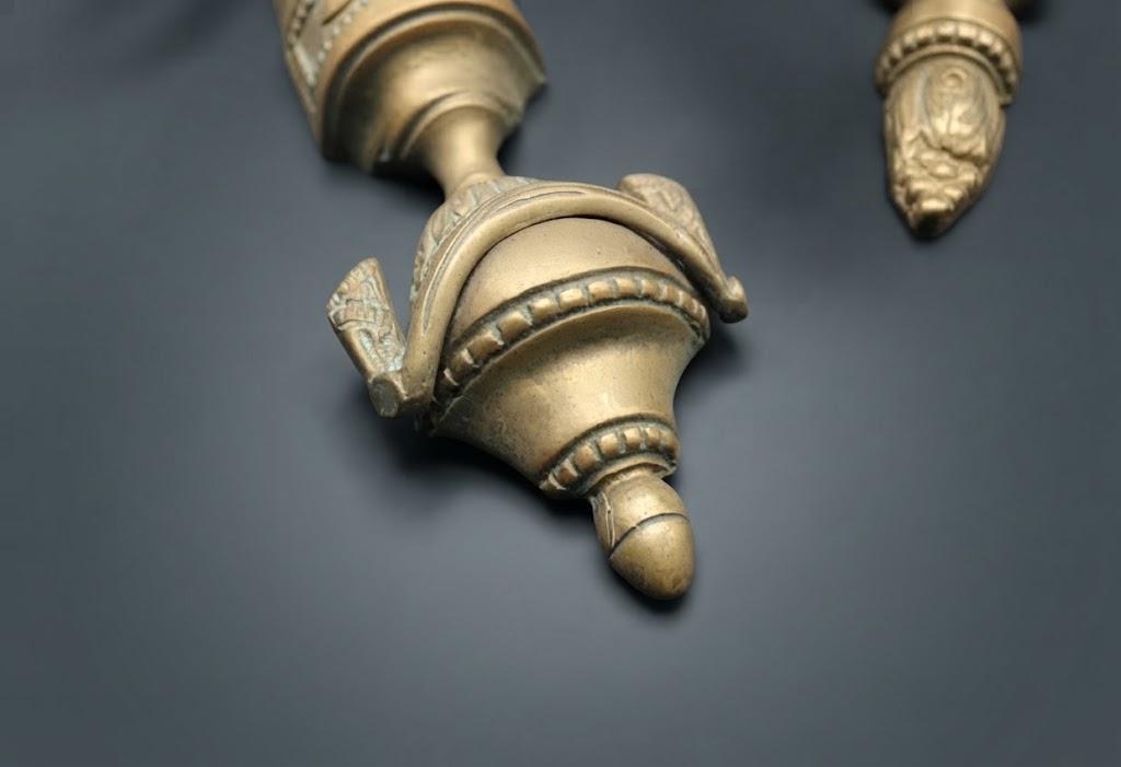 Vintage Pair of Louis XVI Style Two-Arm Wall Sconces, Gold-Tone Metal with Draped Urns, Pierced Fluted Shafts and Acanthus Arms