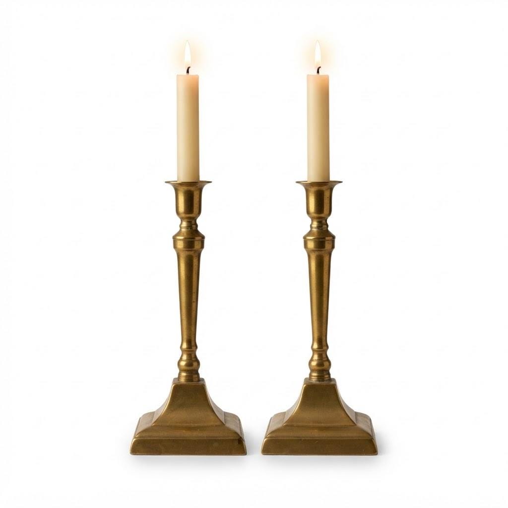 Vintage Pair of Neoclassical Style Candlesticks, Brass-Tone Metal with Tapered Baluster Stems and Stepped Square Bases, 19th Century, 24 cm