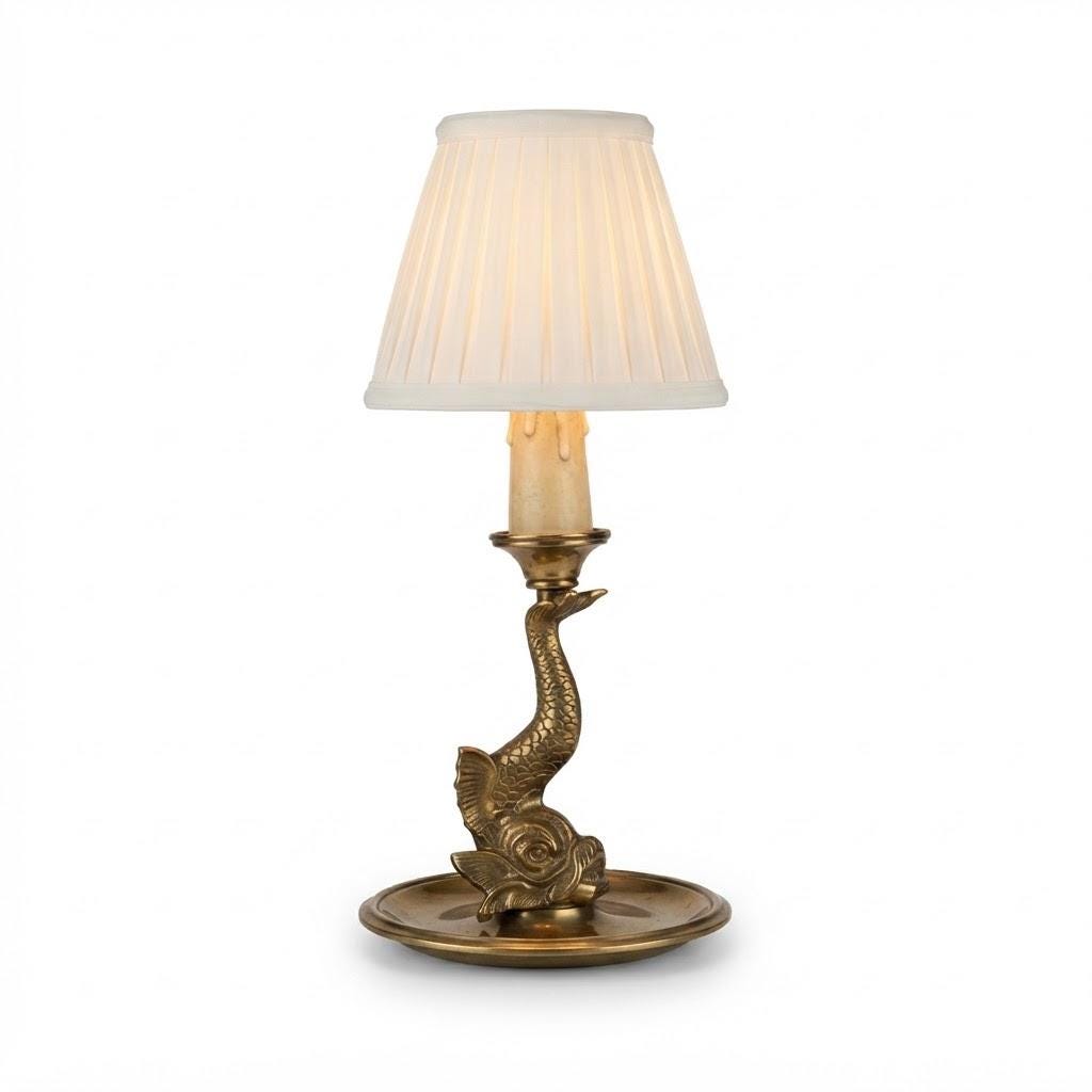 Vintage Dolphin Table Lamp, Gold-Tone Metal Stylized Dolphin on Round Chamberstick Base with Handle, Hollywood Regency Style