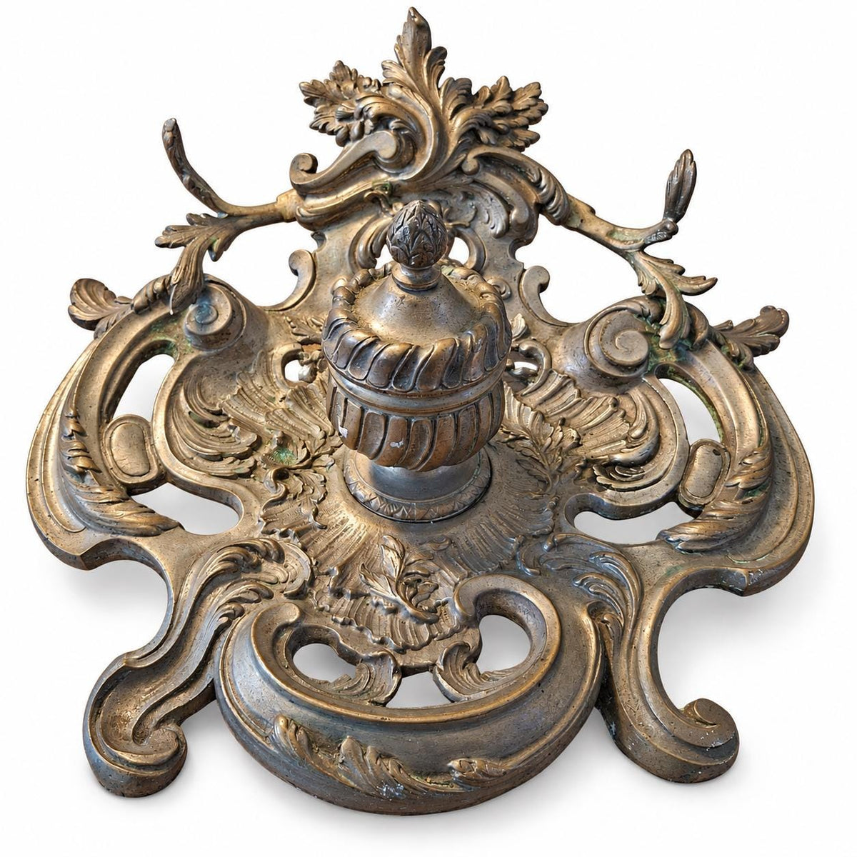 Vintage Louis XV Rocaille Style Inkstand, Silver-Tone Metal with Gadrooned Urn Inkwell and Pierced Scroll Tray, Attributed Late 19th Century