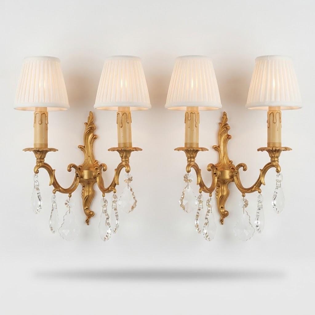 Vintage Pair of Louis XV Style Gilt Metal Wall Sconces with Faceted Glass Drops, Two Scrolled Arms Each, 36 cm