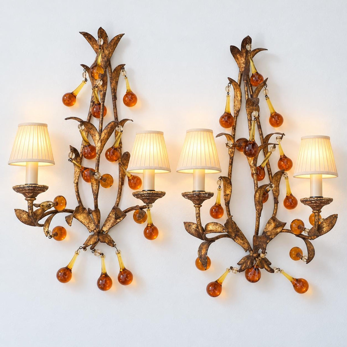 Vintage Pair of Florentine Style Gilt Tôle Candle Sconces with Amber Glass Drops, Leaf Sprays and Two Arms Each, 45 cm