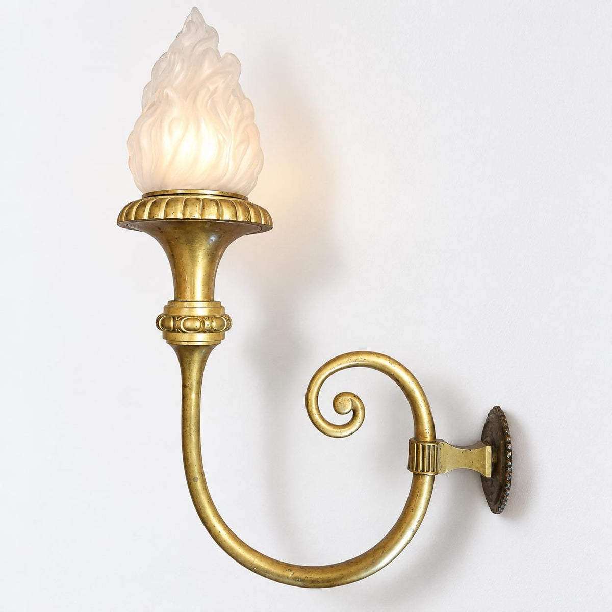 Vintage Large Empire Style Torch Wall Sconce, Gold-Tone Metal Scrolled Arm with Frosted Glass Flame Shade, Attributed 19th Century, 58 cm