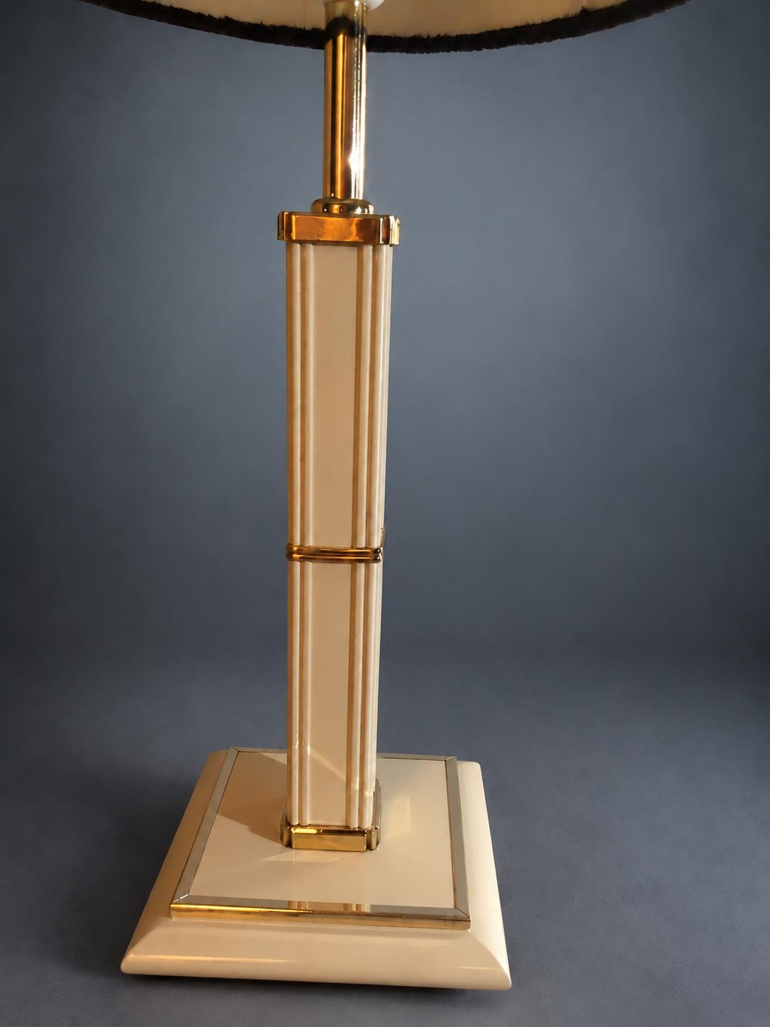 Vintage Hollywood Regency Style Column Table Lamp, Ivory Lacquered Finish with Gold-Tone Trim, Brown Greek Key Velvet Drum Shade