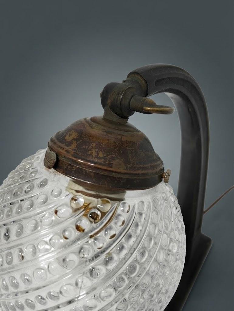 Vintage Art Deco Desk Lamp, Arched Patinated Metal Arm on Stepped Base with Clear Patterned Glass Globe