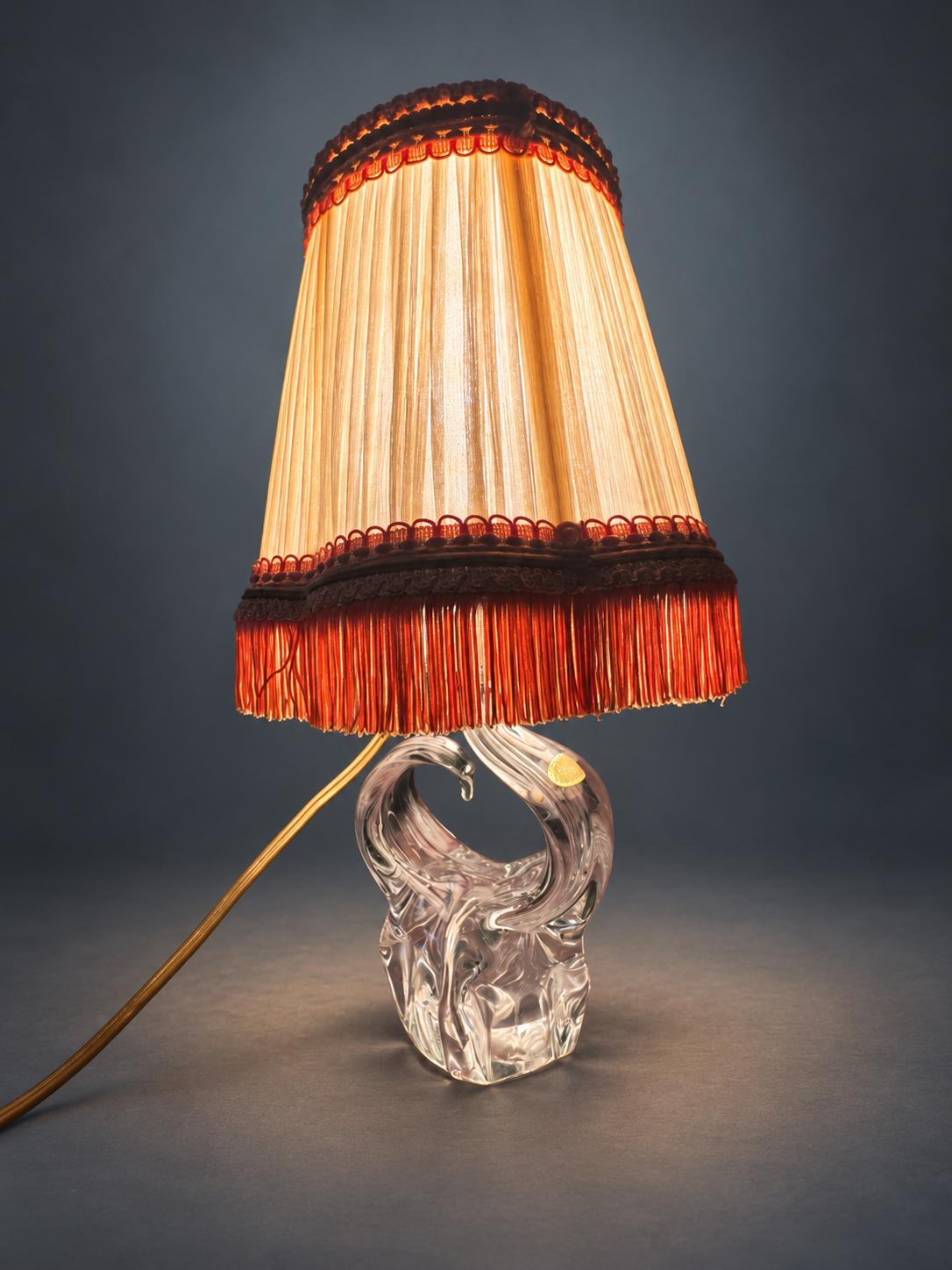 Vintage Mid-Century Clear Glass Table Lamp, Sculptural Twin-Loop Base, Pleated Shade with Fringe