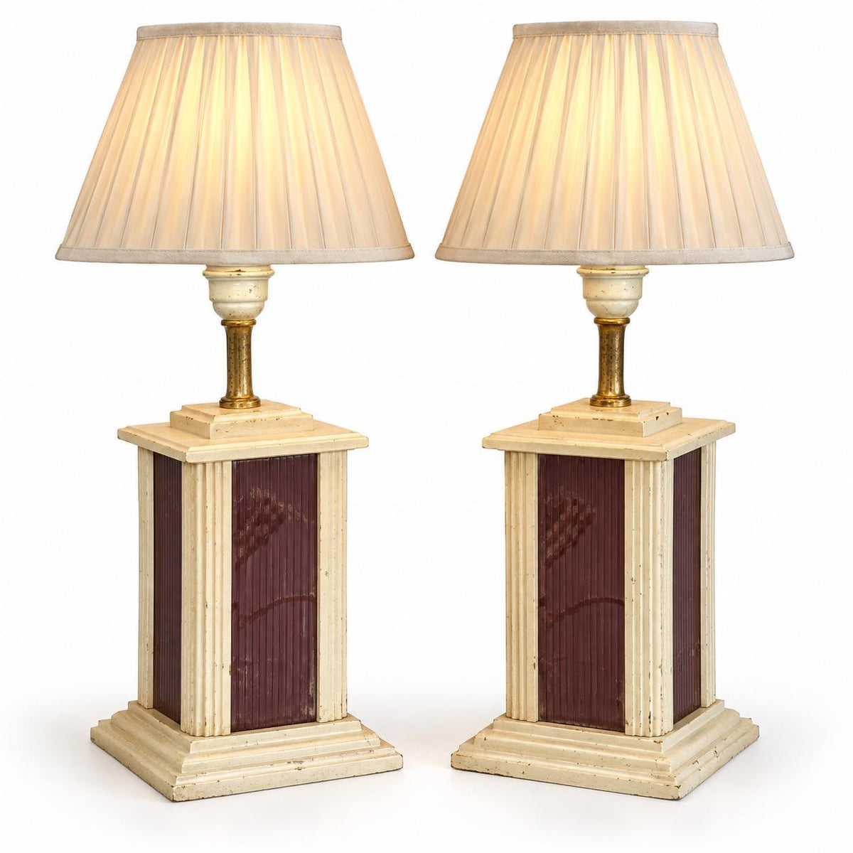 Vintage Pair of Hollywood Regency Style Column Table Lamps, Cream Glazed Ceramic with Fluted Corners and Tinted Mirror Strip Panels