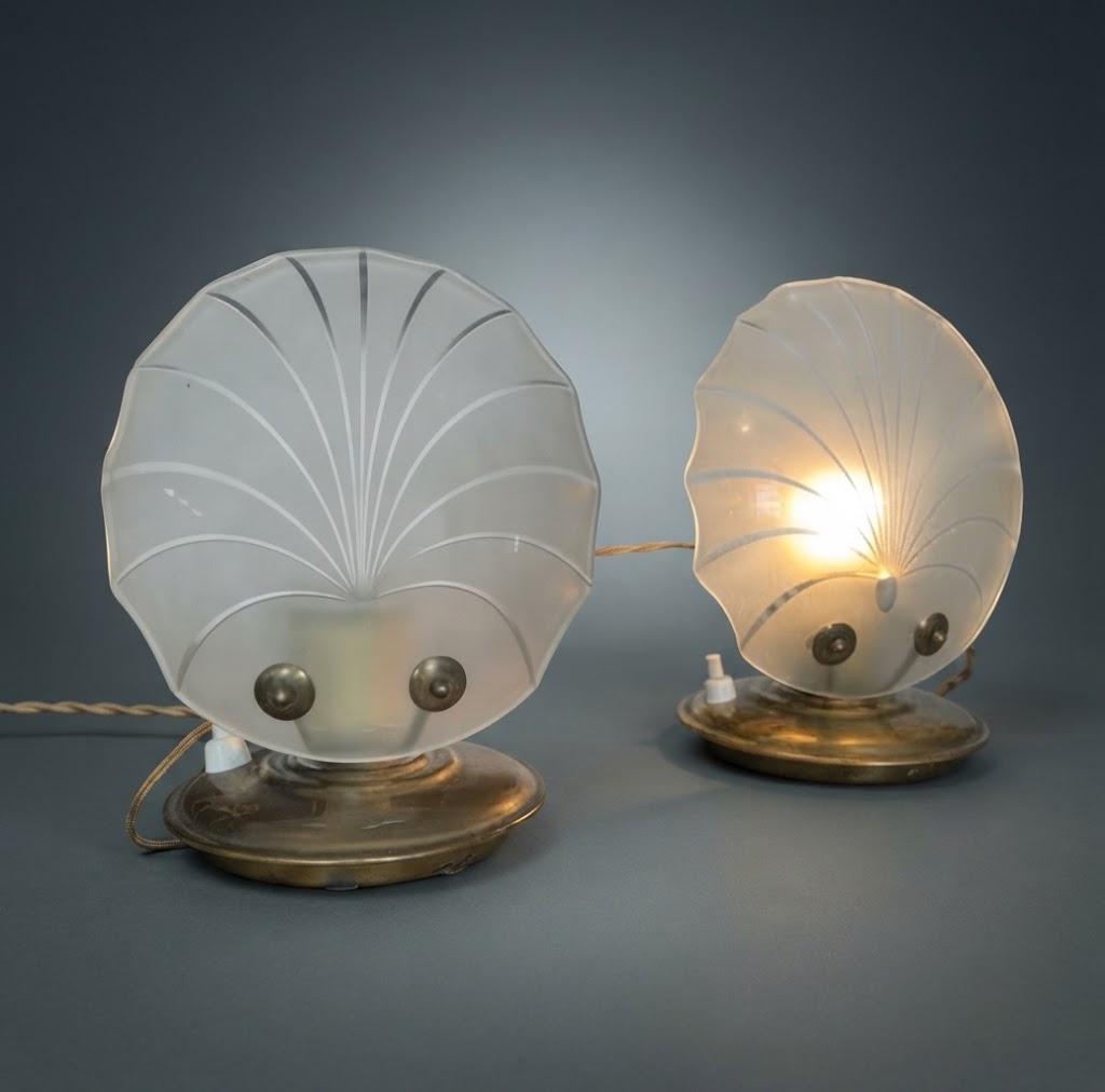 Vintage Pair of Mid-Century Bedside Lamps, Brass-Tone Bases with Fan-Shaped Frosted Glass Panels and Tulip Cups