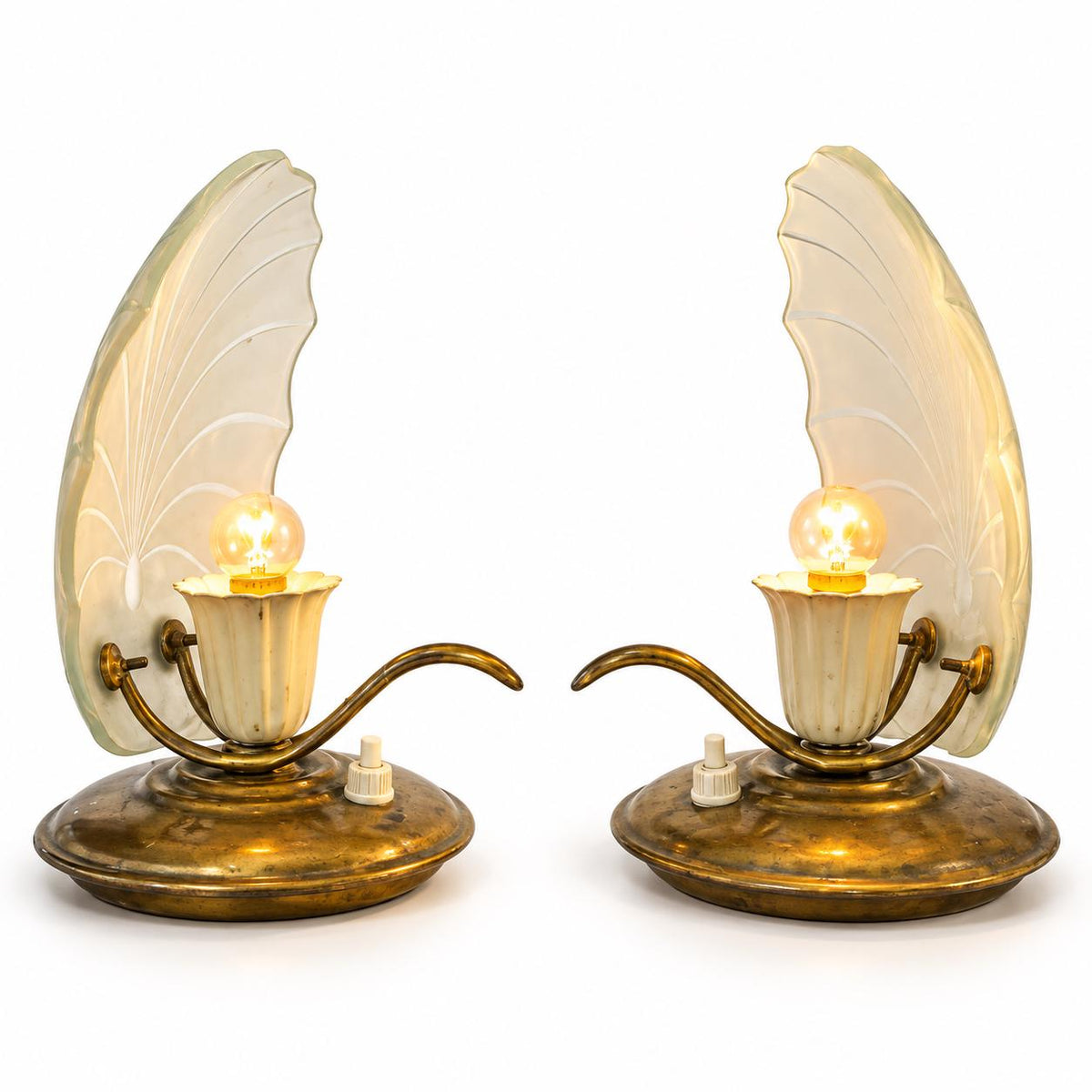 Vintage Pair of Mid-Century Bedside Lamps, Brass-Tone Bases with Fan-Shaped Frosted Glass Panels and Tulip Cups